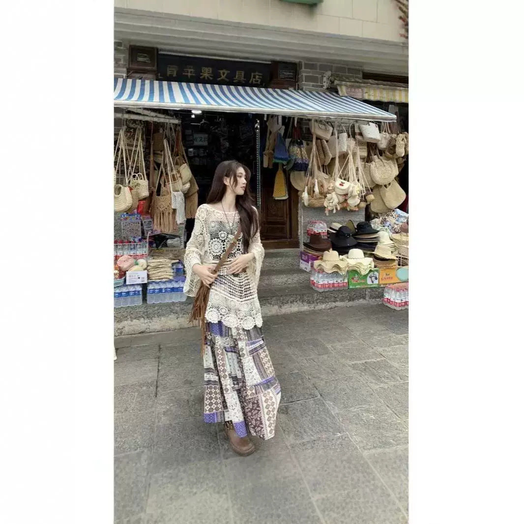 Bohemian Vacation Style Set Dress for Women Summer Hollow Out Sun Protection Knitted Cover-Up Printed Skirt Two-Piece Set
