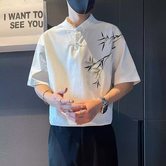 Summer New Chinese Style Button Short Sleeve T Men's Shirt with Unique Embroidery Bamboo Design Retro Cool National Style Half Sleeve t T-shirt