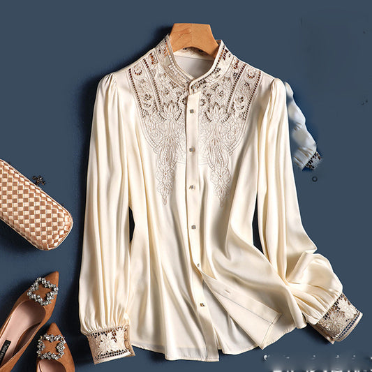 D Luxurious and Elegant Style~Silk Hollow Embroidery Silk Shirt for Women Long Sleeve Fashion Cardigan Summer Top