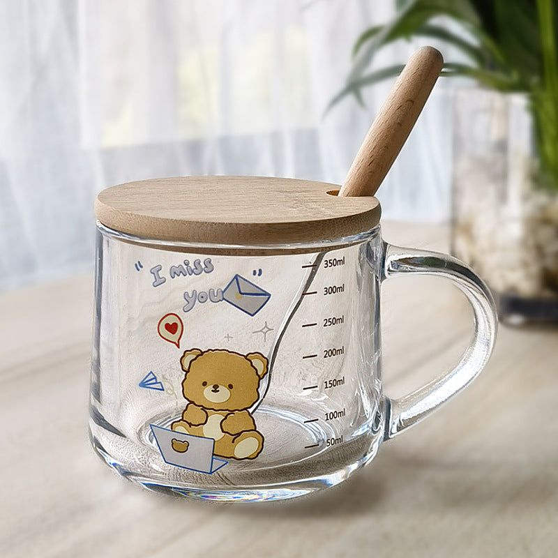 ins Glass Cup with Straw Milk Breakfast Cup Cute Cartoon Graduated Cup with Lid Spoon Gift Customization logo