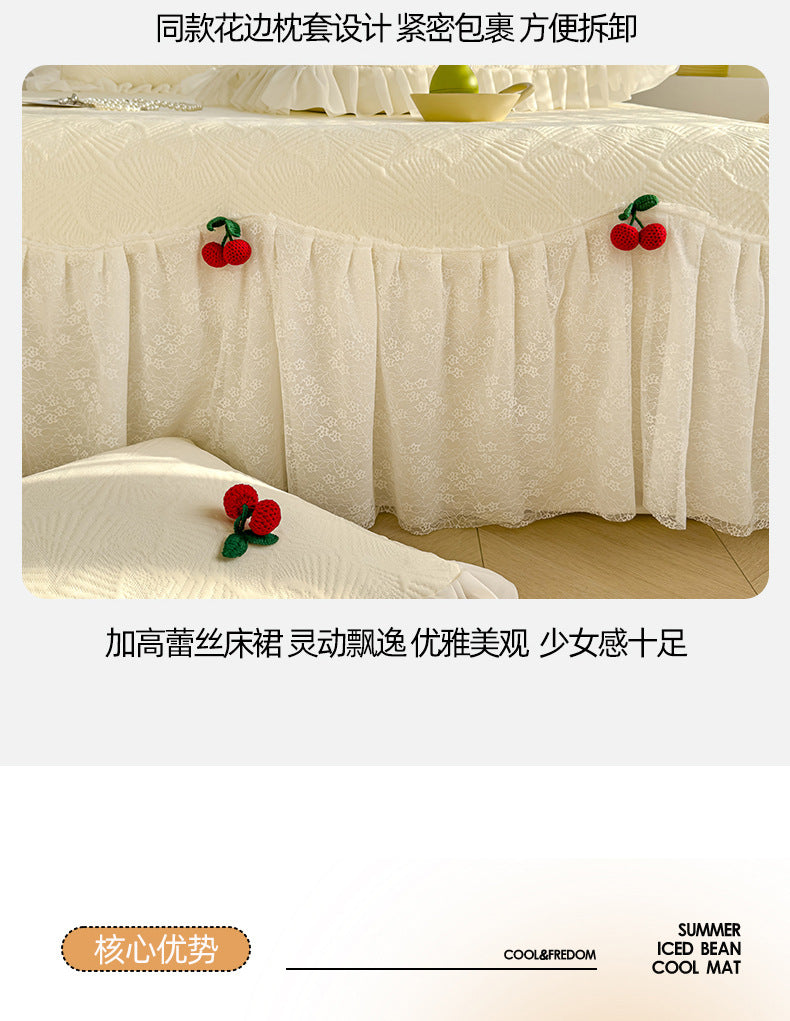 Summer Ice Silk Cooling Mat Lace Edge Cool Soft Mat Three-Piece Set Ethylene Fiber Ice Bean Mat Bed Skirt Style Bedding