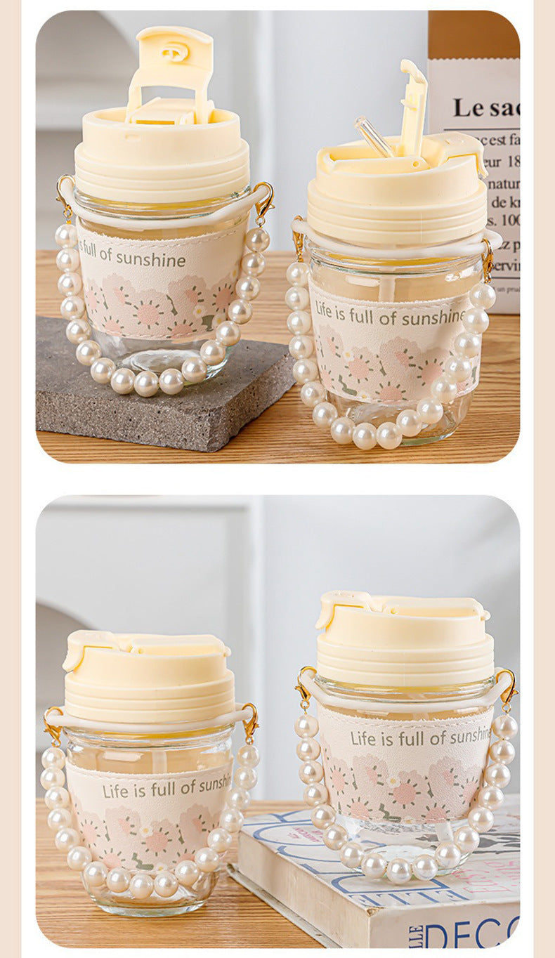 Glass Cup Straw Water Cup High Temperature Resistant Pearl Bracelet Double Drinking Cup Cup Souvenir Creative High Appearance Universal