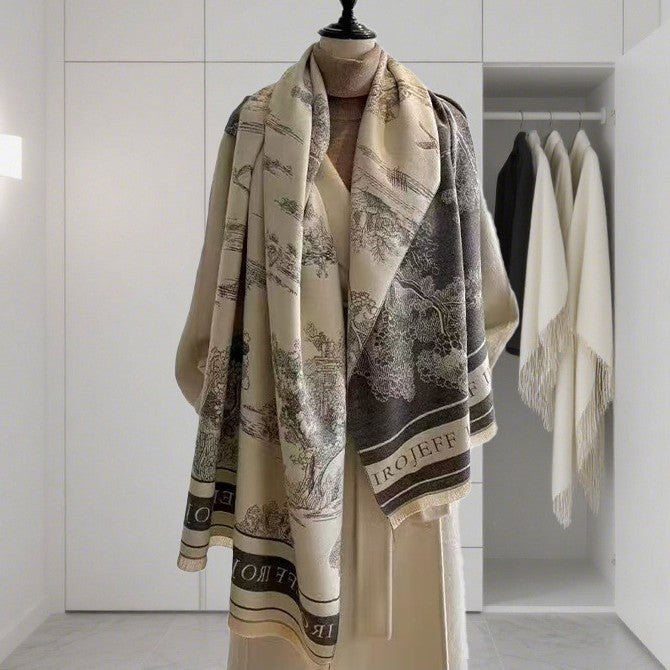 Light Luxury Style Imitation Cashmere Jacquard Shawl for Women Winter Warm Double-Sided Printed Landscape Scarf Outerwear Layering Neck Warmer