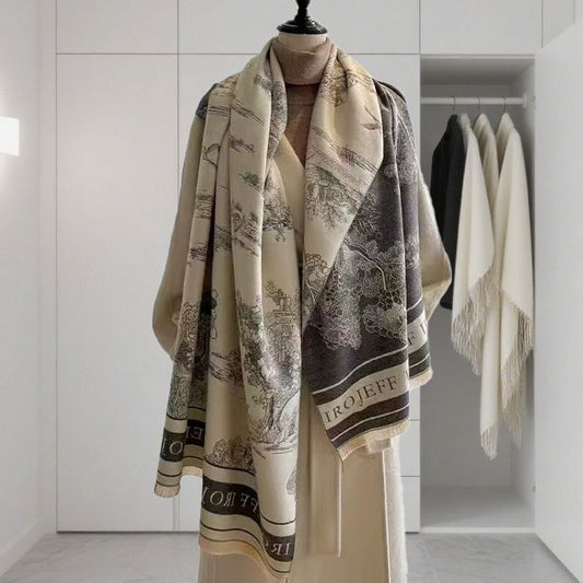 Light Luxury Style Imitation Cashmere Jacquard Shawl for Women Winter Warm Double-Sided Printed Landscape Scarf Outerwear Layering Neck Warmer