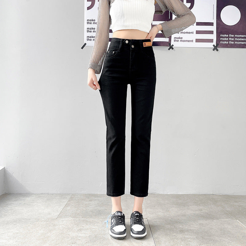 High Waist Gray Small Straight Jeans Women's Spring Clothes2025New Year's Slimming Asymmetric Cigarette Pants Nine-Tenths Length for Petite Figures