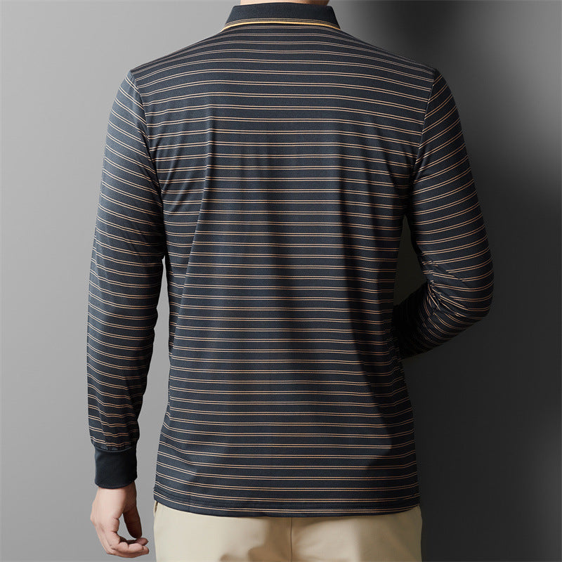 Autumn Men's Long Sleeve Cotton t Shirt for Middle-aged Dad Autumn Outfit with Turn-down Collar and Stripes POLO Base Layer Shirt T Grandpa's clothes