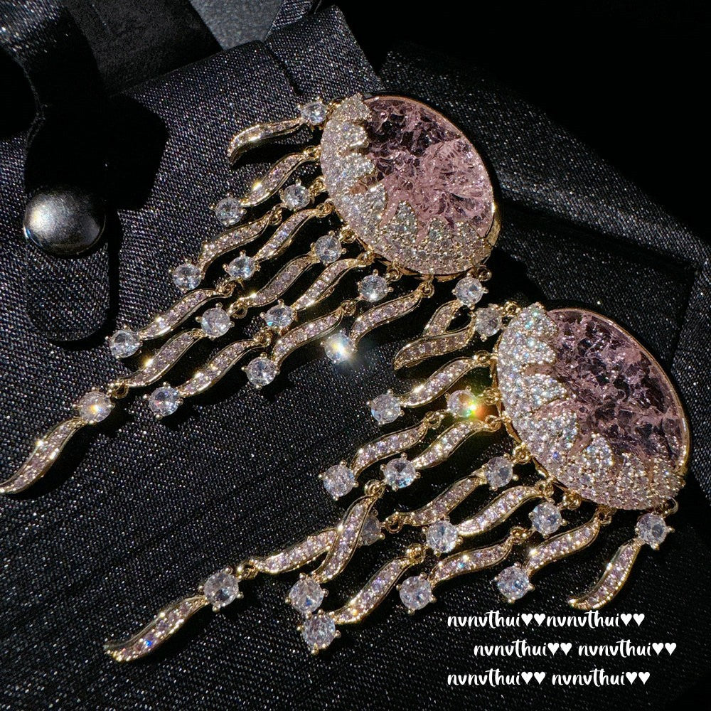 Sparkling Paphos Cloud Pattern Jellyfish Tassel Gemstone Earrings The Joy of a Rich Woman Egg-shaped Princess Pink Earrings