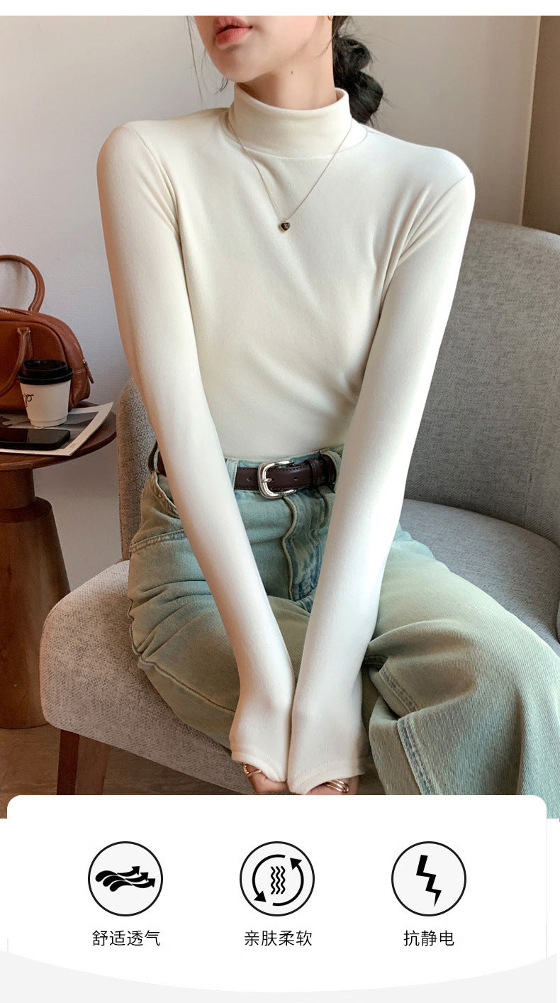 Half Turtleneck Double-Sided Thermal Base Shirt for Women, Spring and Autumn Style, Stylish Inner Wear, Solid Color, Fleece-Lined, Thickened, Warm Long-Sleeve Top