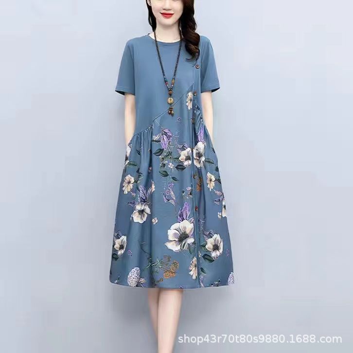 Summer Plus Size Fashion Patchwork Dress2025New Loose Slimming Belly-Covering Age-Reducing Elegant Fake Two-Piece Dress