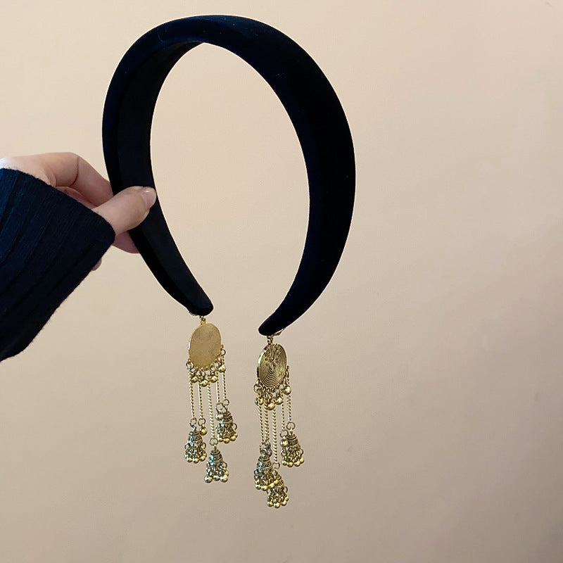 Ethnic Style Velvet Bell Tassel Headband New Chinese Style National Trend High Skull Top Headband Niche High-end Retro Hair Accessory