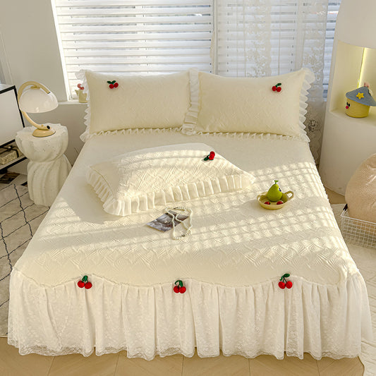 Summer Ice Silk Cooling Mat Lace Edge Cool Soft Mat Three-Piece Set Ethylene Fiber Ice Bean Mat Bed Skirt Style Bedding