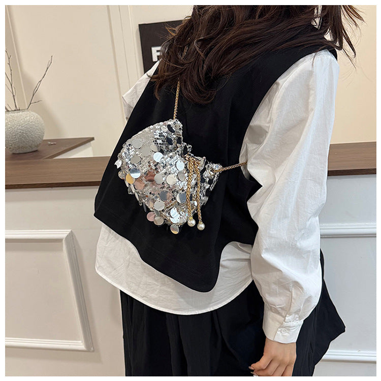 Trendy and High-End Sequin Bucket Bag2025Summer New Fashion Versatile Stylish French Chain Single Shoulder Crossbody
