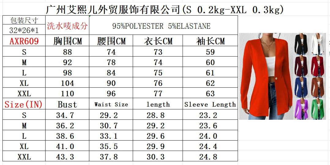 2025New Korean Fashion Style from Amazon Europe and America V Single Button Solid Color Long Sleeve Blazer