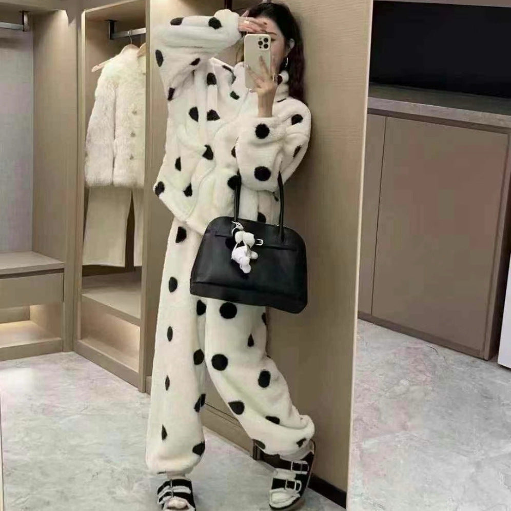 Cute Polka Dot Couple Homewear Autumn Winter Coral Fleece Thickened Zipper High Neck Homewear Set Suitable for Outerwear