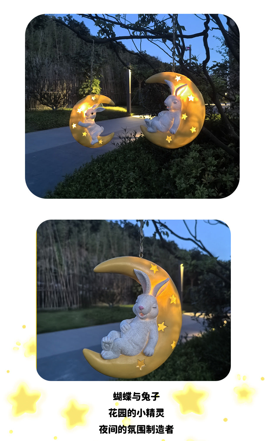 Cute Rabbit Moon Solar Pendant Outdoor Garden Courtyard Tree Hanging Balcony Pipe Kindergarten Decoration Ornament