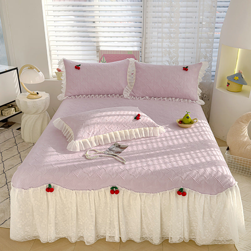 Summer Ice Silk Cooling Mat Lace Edge Cool Soft Mat Three-Piece Set Ethylene Fiber Ice Bean Mat Bed Skirt Style Bedding