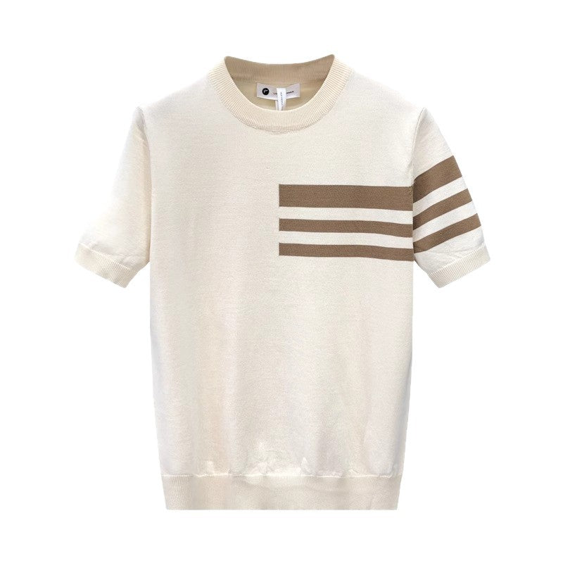 2025New Short Sleeve Knitted Shirt for Men, Striped, Simple, High-End Business, Mature, Slim Fit, Ice Silk T Men's Shirt