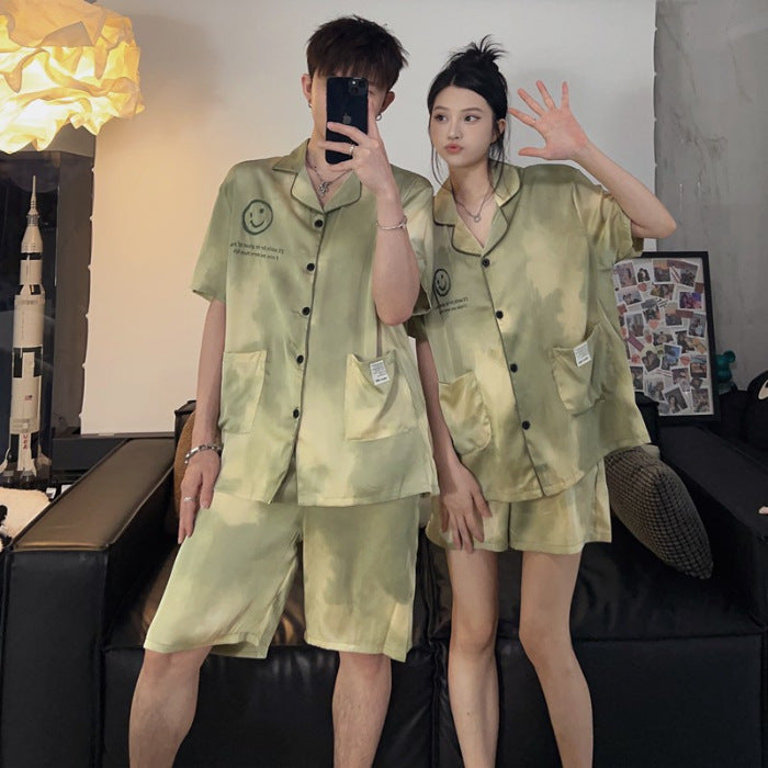 Wholesale Thin Couple Pajamas for Women Spring Autumn Summer Ice Silk Homewear Summer Men's Hot Short Sleeve Shorts Set