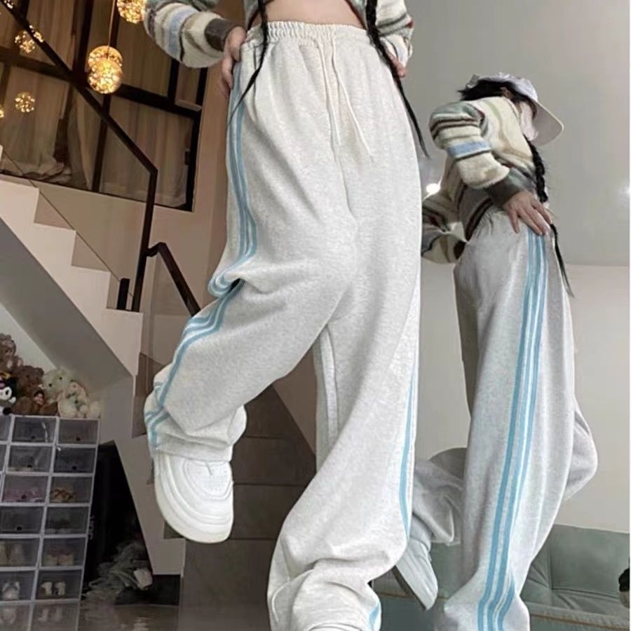 Melard Wide-Leg Pants for Women, Autumn and Winter New Loose Slimming Versatile American Style Striped Casual Sports Sweatpants