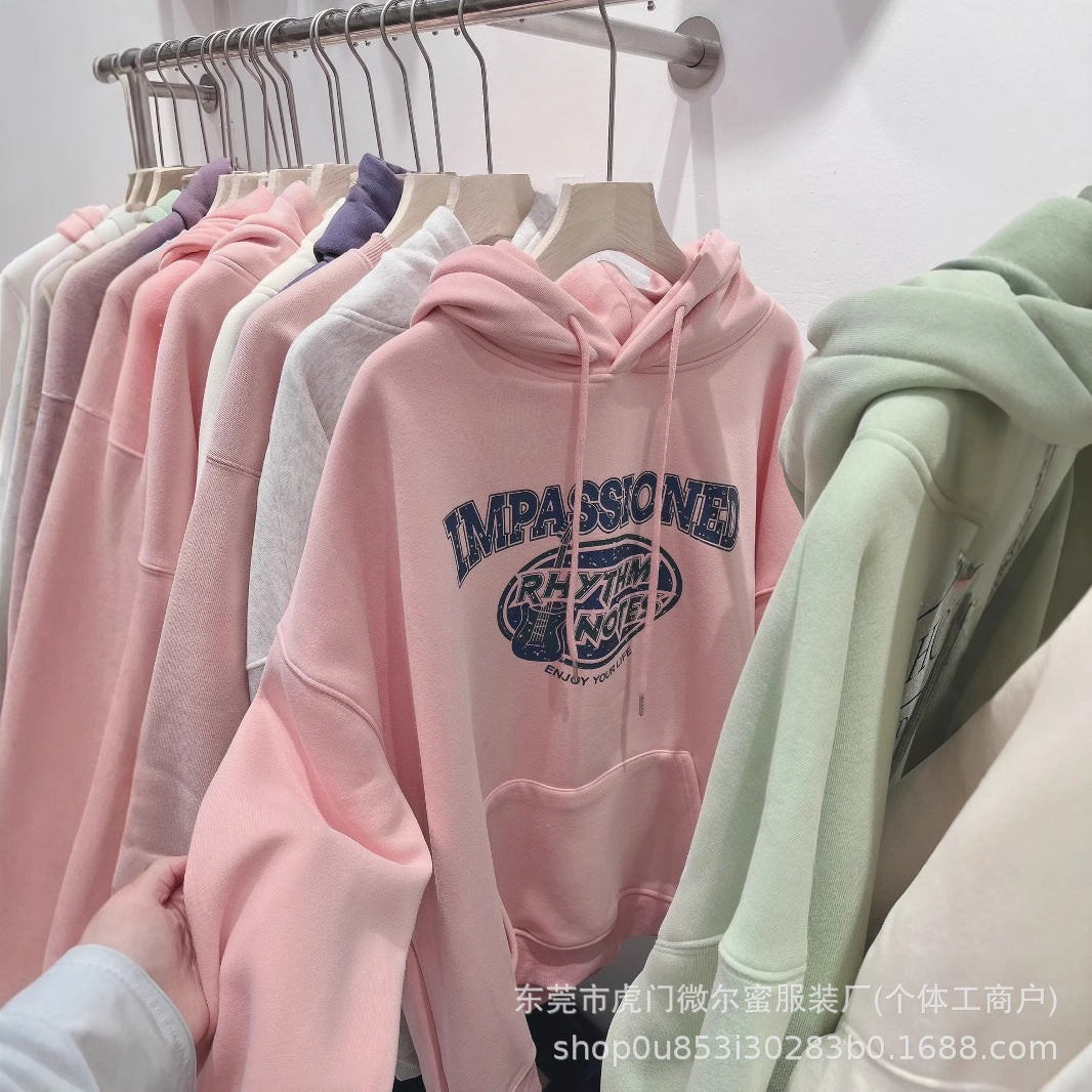 American Style Fleece-Lined Thickened Autumn Winter New Hooded Sweatshirt for Women Korean Version Plus Size Loose Coat Student Couple Outfit