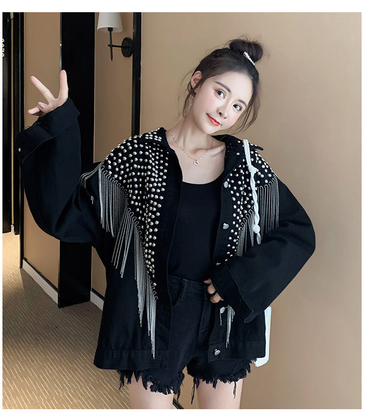 European and American New Style Tassel Heavy Embellished Rhinestone Rivet Long Sleeve Korean Version Loose Slimming Fashion Beaded Denim Jacket for Women