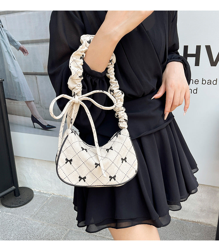Sweet Bow Plaid Single Shoulder Underarm Crescent Bag2024Autumn new simple casual large capacity handbag