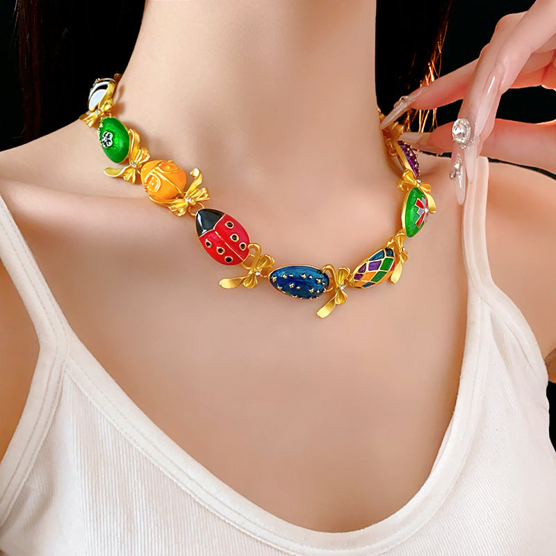 Medieval vintage Water Drop Flower Bow Necklace Palace Style Diamond Inlaid Oil Drop Collarbone Chain High-end Jewelry