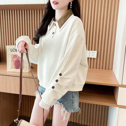 Contrast Color polo Women's Spring and Autumn Thin Sweatshirt2025New Loose Fit Short Design Top for Petite Figures
