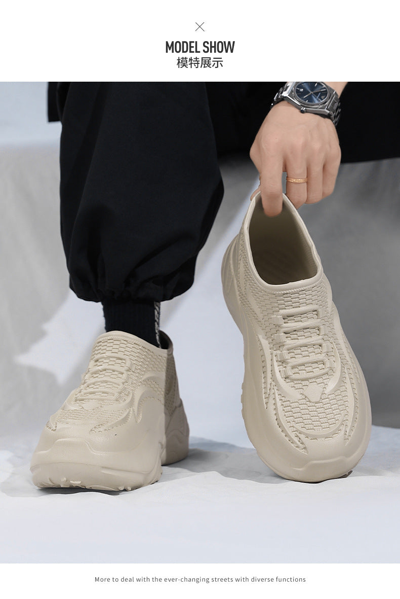 Kitchen Non-Slip Shoes for Men, Summer Breathable Thick Sole Pure Black Chef Waterproof Work Shoes, Outdoor Sports Fishing Rubber Shoes