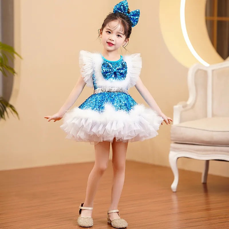 Children's Performance Costume Puffy Skirt for Girls New Sequin Tulle Skirt Kindergarten Dance Princess Dress Performance Costume for Girls