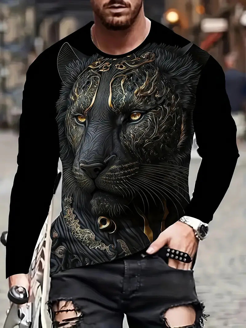 European and American Cross-Border Amazon Foreign Trade Men's Animal Fashion3D Digital Printing Casual Round Neck Long Sleeves T T-Shirt Wholesale