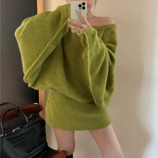 Korean Style Asymmetrical Shoulder Batwing Sleeve Sweater Dress for Women2025Autumn and Winter New Style Belted Elegant Hot Girl Bodycon Mini Dress