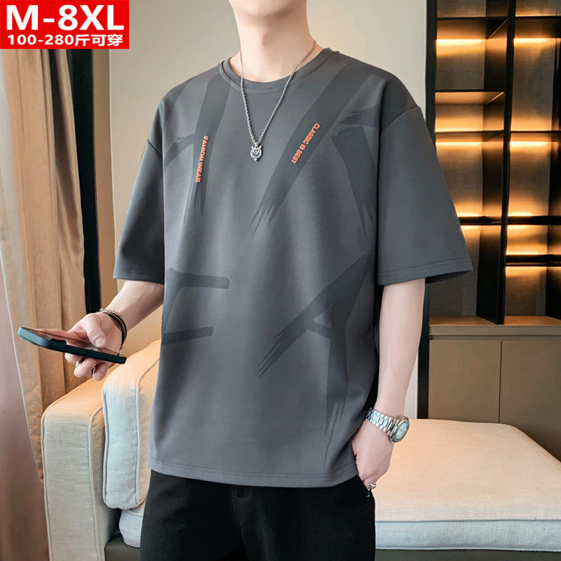 Summer Trendy Hong Kong Style Men's Printed Round Neck Short Sleeve T T-shirt Plus Size Loose Casual T-Shirt for Overweight Men