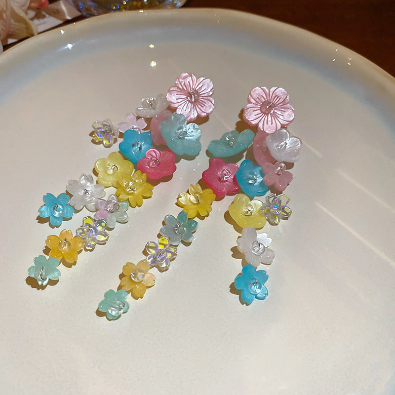 Resort Style Silver Needle Fabric Flower Tassel Earrings High-End Fashion Earrings Bohemian Sweet Exaggerated Ear Jewelry