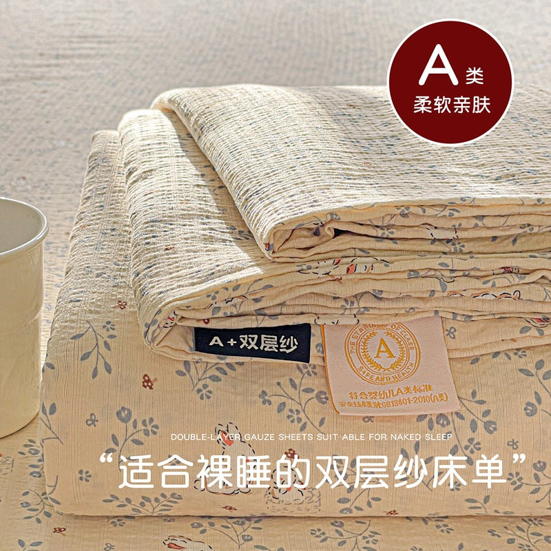 a Double-layer Gauze Bed Sheet Single Piece Fresh Style A Summer-style Naked Sleep Pillowcase Single Double Student Dormitory Three-piece Set