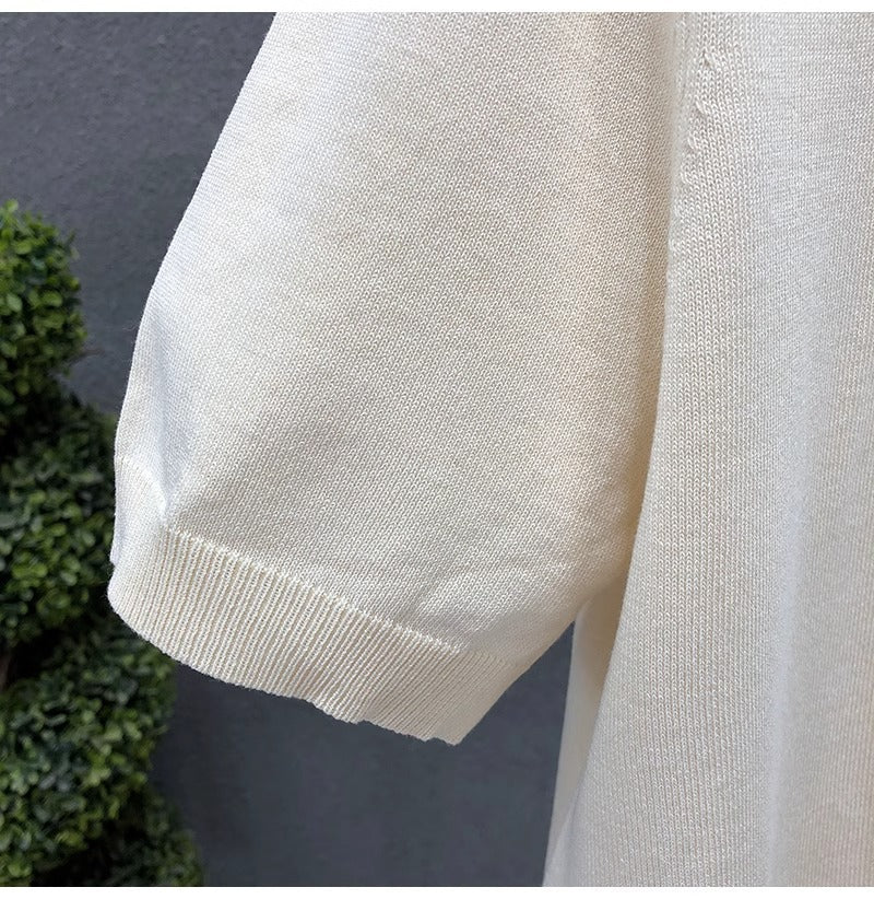 2025New Short Sleeve Knitted Shirt for Men, Striped, Simple, High-End Business, Mature, Slim Fit, Ice Silk T Men's Shirt