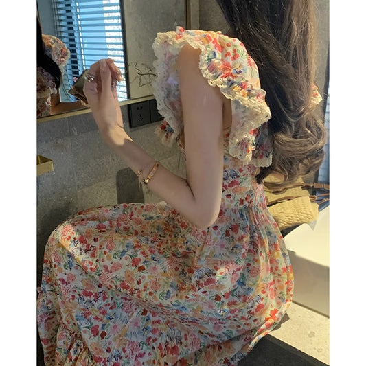 Floral Square Neck Slim Fit Women's Dress for Beach Vacation Casual Long Dress