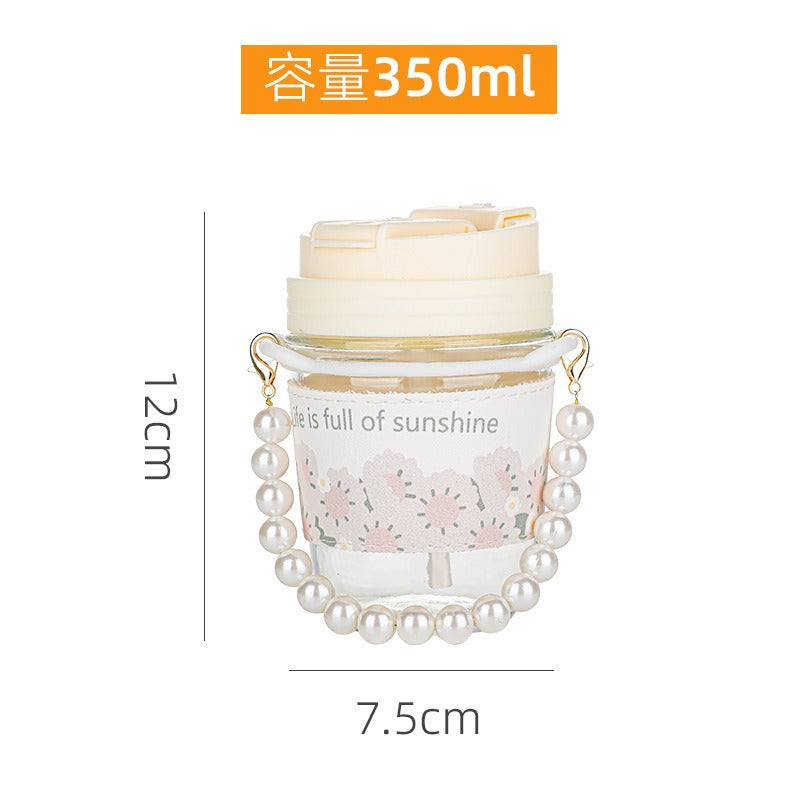 Glass Cup Straw Water Cup High Temperature Resistant Pearl Bracelet Double Drinking Cup Cup Souvenir Creative High Appearance Universal