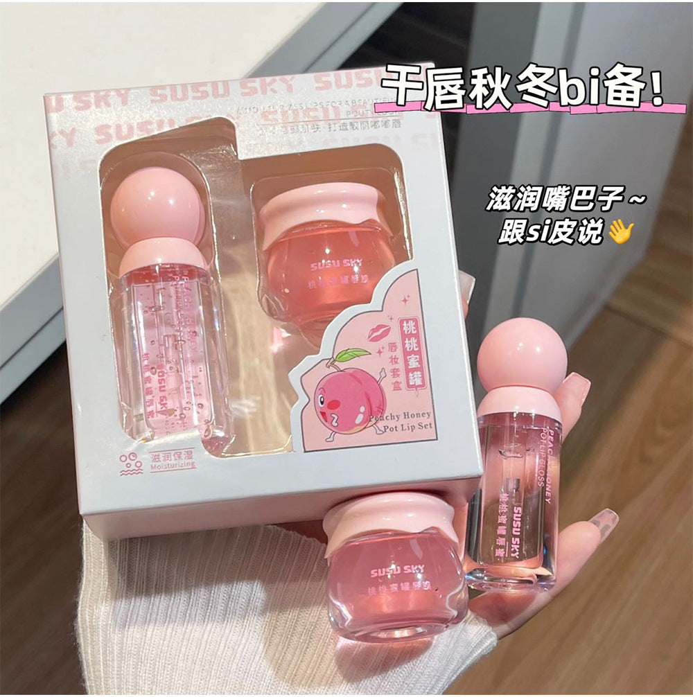 SUSU SKY Peach Honey Pot Lip Makeup Set Moisturizing Hydrating Autumn Winter Anti-Chap Exfoliating Nourishing Repair
