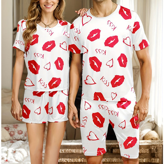 Cross-Border Delivery2025New Summer Men's and Women's Shorts Casual Kiss Print Couple Set Loungewear