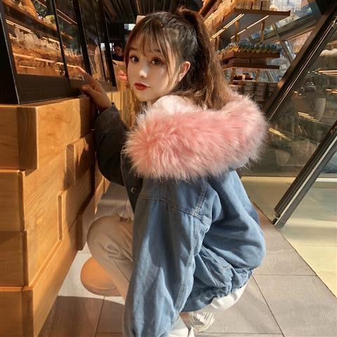 In-stock Short Cotton Jacket2025Winter Fleece-Lined New Cotton Jacket Loose Korean Style Denim Fur Collar Thickened Coat for Women