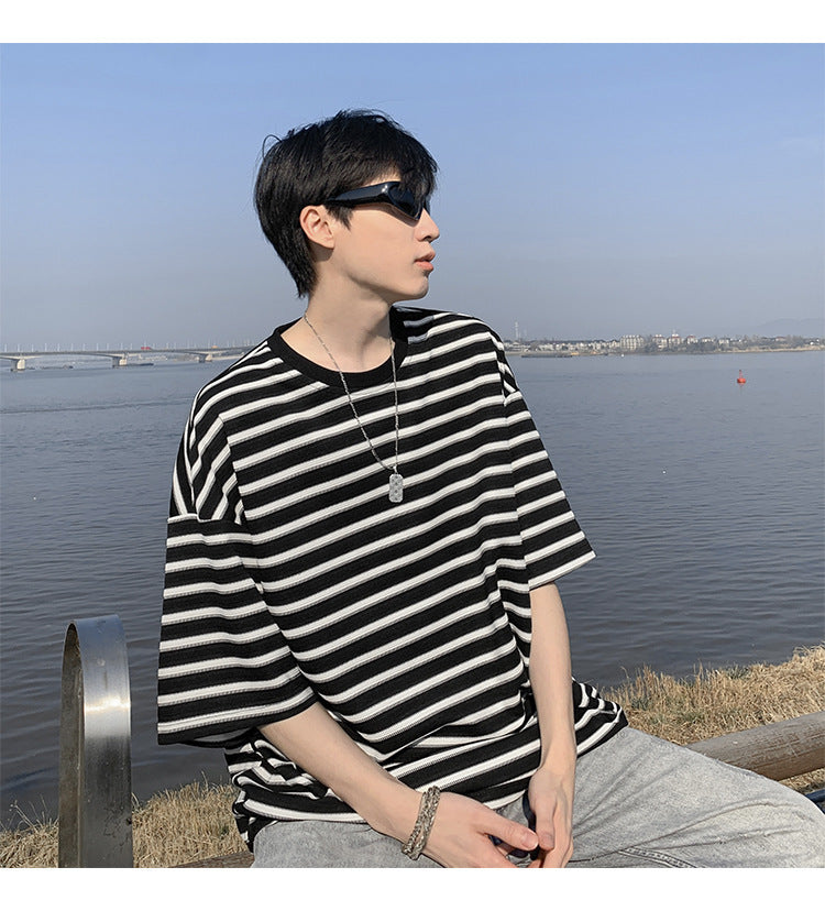 American striped short sleeve t Men's Summer Trendy Neck Loose Cotton