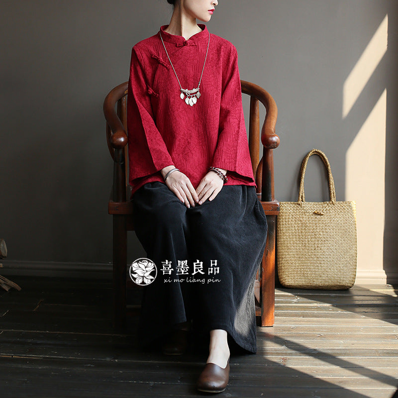 8813Xi Mo Women's Clothing Republic of China Retro Artistic Spring and Autumn New Double Layer Jacquard Button Shirt Chinese Style Short Top