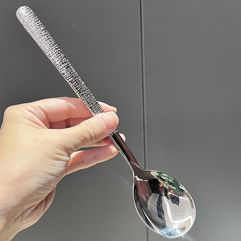 Korean Style Ice Pattern Spoon Soup Spoon Stainless Steel Hammered Long Handle Spoon Dining Western Soup Spoon Student Spoon Adult Rice Spoon