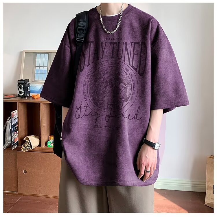 2025New Faux Suede Short Sleeve Men's Summer New American Style Heavyweight Trendy Loose Half Sleeve T Trendy Five-Sleeve Shirt