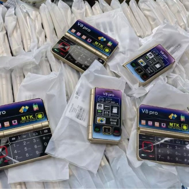 Cross-Border Foreign Trade V8pro Dual Screen Folding Flip Function Phone2G Elderly Foreign Language Mobile Phone Large Buttons Flashlight