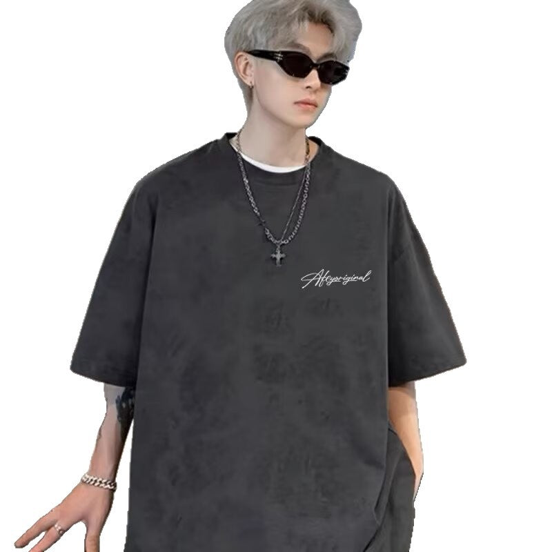 Hip Hop High Street Short Sleeve T T-shirt2025Summer Men oversize Loose Letter Print Trendy Brand Casual Sweatshirt