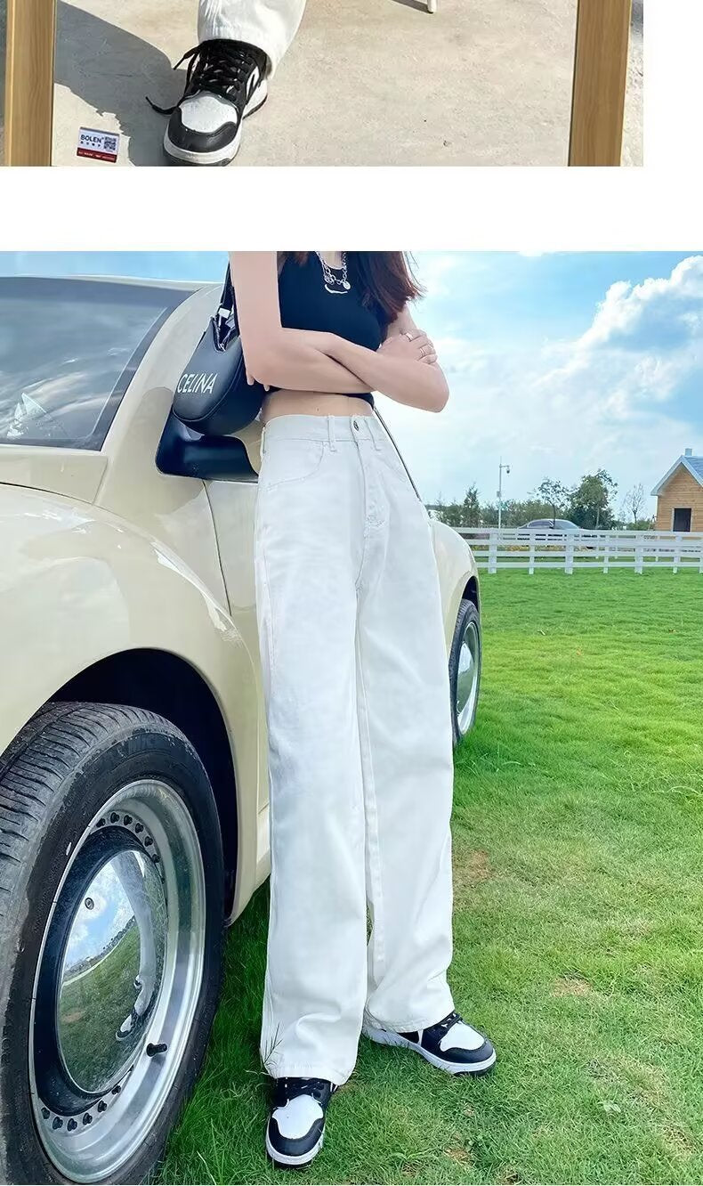High Waist Loose Slimming Draped Floor-Length White Straight-Leg Jeans for Women Summer New Basic Wide-Leg Pants Trendy