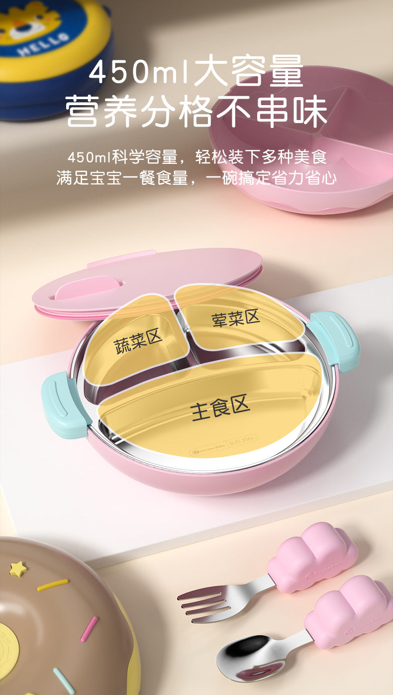 goryeobaby Children's Stainless Steel Plate Baby Suction Bowl Water-Insulated Bowl Baby Divided Plate Baby Food Utensils