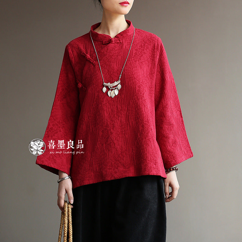 8813Xi Mo Women's Clothing Republic of China Retro Artistic Spring and Autumn New Double Layer Jacquard Button Shirt Chinese Style Short Top
